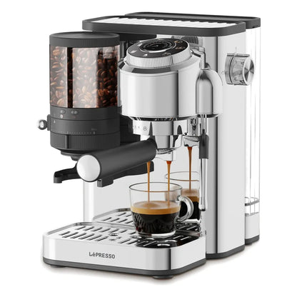 LePresso IlBurrone 20-Bar Espresso Machine with Integrated Grinder & Steam Wand - Silver