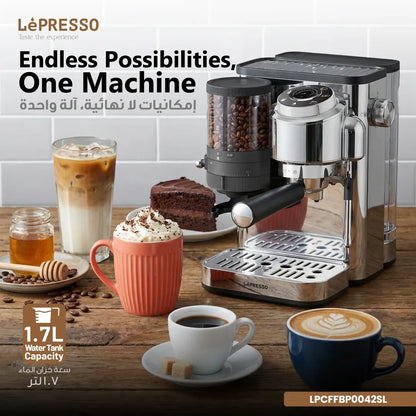 LePresso IlBurrone 20-Bar Espresso Machine with Integrated Grinder & Steam Wand - Silver